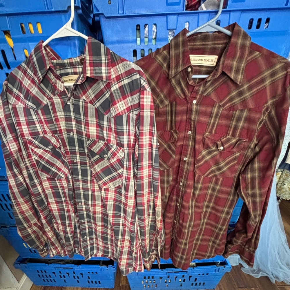 2 Men’s plaid pearl snap‎ bit and bridle LT flannel cowboy rodeo western shirts